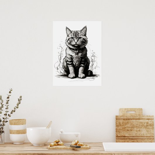 Schattigee Cat potlood schets Poster (Keuken)
