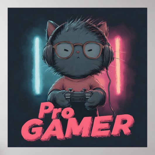 Schattigee Cat "Pro Gamer" met Hoofdtelefoon Poster (Voorkant)