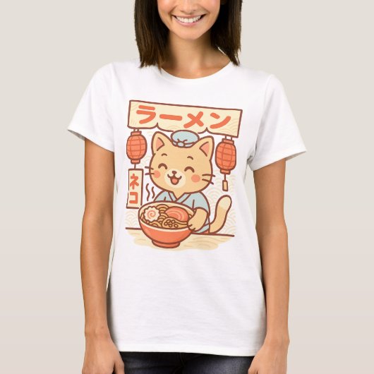 Schattigee Cat Ramen Shop T-shirt | Japanese Kawai (Voorkant)