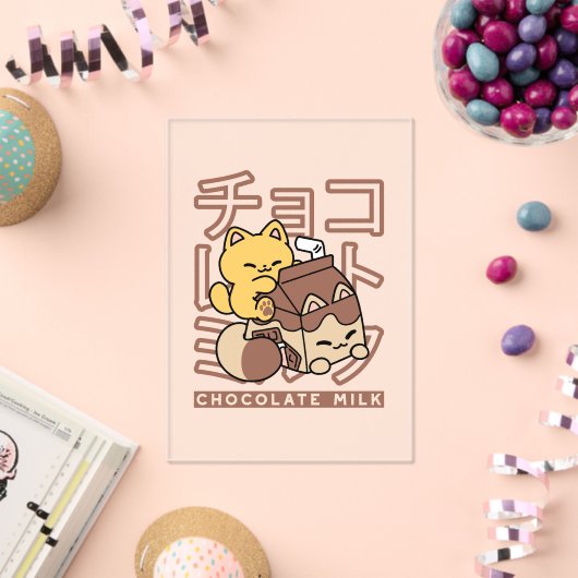 Schattigee Cat Riding Chocolademelk Karton Kawaii  Acryl Uitnodigingen (Insitu (Viering))