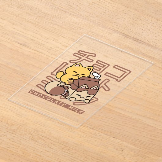 Schattigee Cat Riding Chocolademelk Karton Kawaii Acryl Uitnodigingen (Laagn)