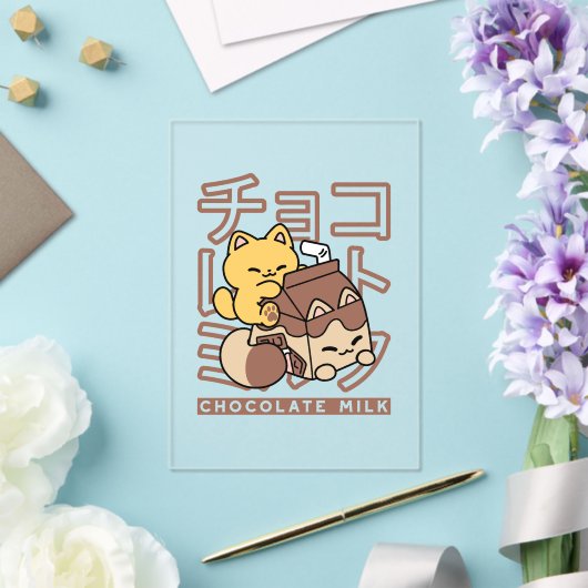 Schattigee Cat Riding Chocolademelk Karton Kawaii Acryl Uitnodigingen (Insitu (Huwelijk))