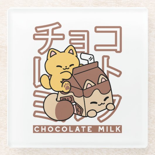 Schattigee Cat Riding Chocolademelk Karton Kawaii  Glazen Onderzetter (Voorkant)