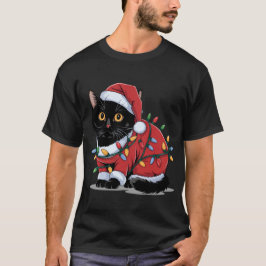 Schattigee Cat Santa Hat Kostuum Kerstverlichting T-shirt