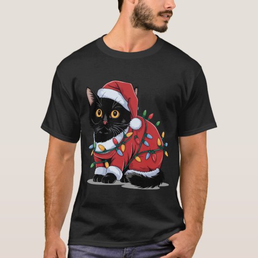 Schattigee Cat Santa Hat Kostuum Kerstverlichting T-shirt (Voorkant)