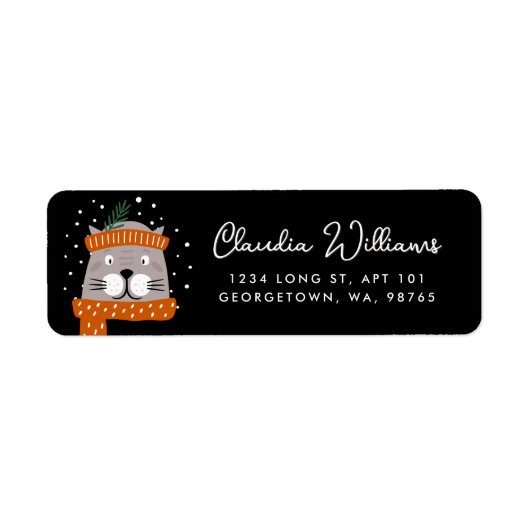 Schattigee Cat & Snowflakes Winter Black Retour Ad Etiket (Voorkant)
