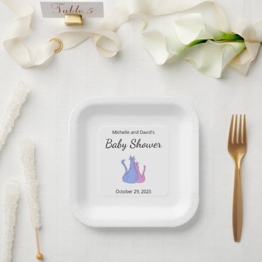 Schattigee Cat TwinsBabydouche Blauw Roze Papieren Bordje (Huwelijk)