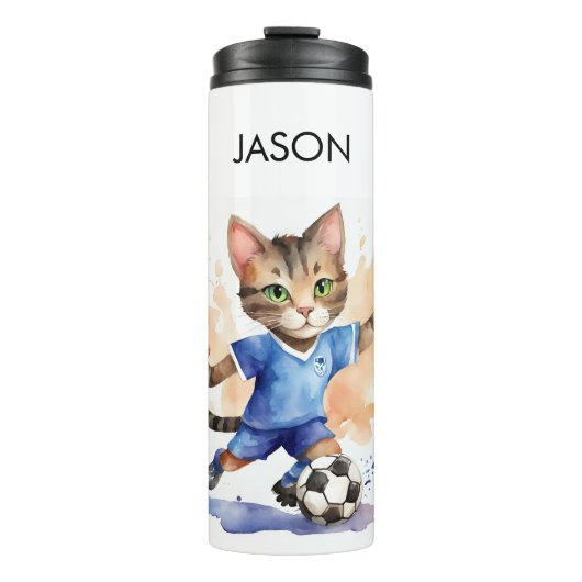 Schattigee Cat Voetbal Thema Drink Tumbler Thermosbeker (Voorkant)