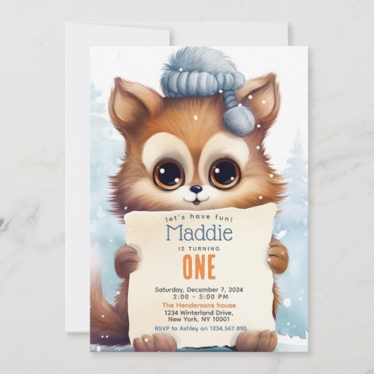 Schattigee Cat Winter Aangepaste Verjaardagsfeest Kaart (Voorkant)