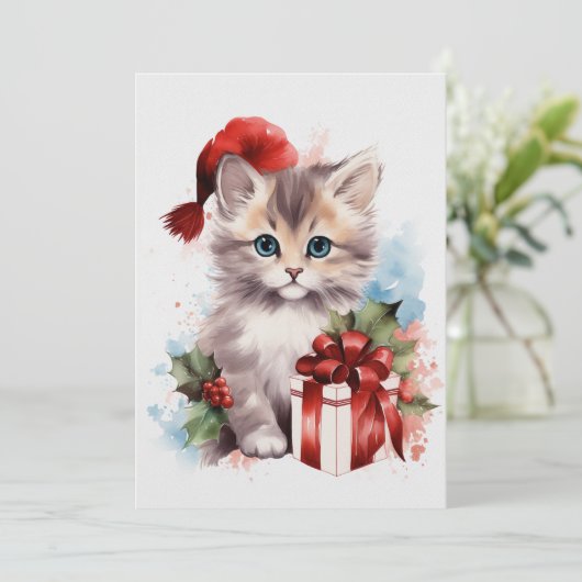 Schattigee Cat Winter Kerst Waterverf Kaart (Staand voorkant)