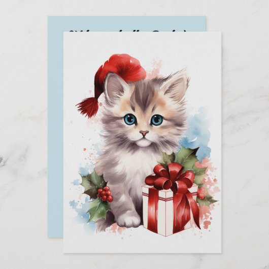 Schattigee Cat Winter Kerst Waterverf Kaart (Voorkant / Achterkant)