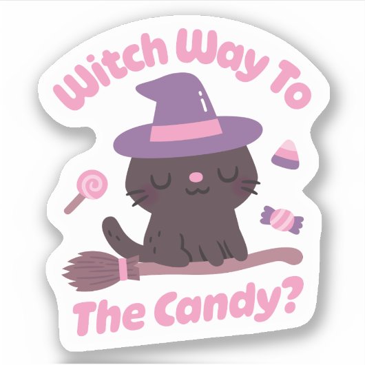 Schattigee Cat Witch weg naar het Snoep Grappig Sticker (Voorkant)