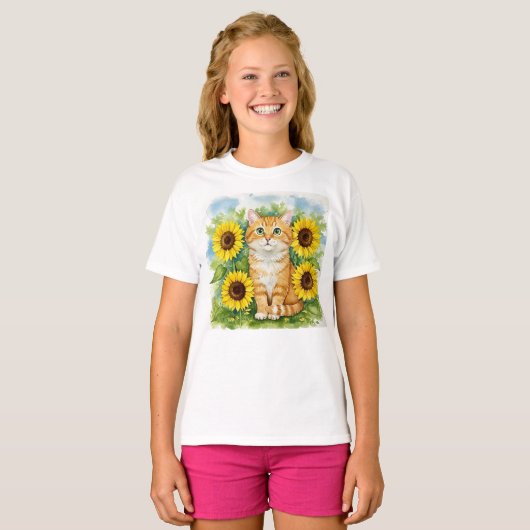 Schattigee Cat Zonnebloemen Kinder T-Shirt (Voorkant volledig)