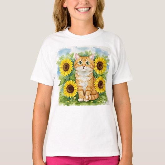 Schattigee Cat Zonnebloemen Kinder T-Shirt (Voorkant)