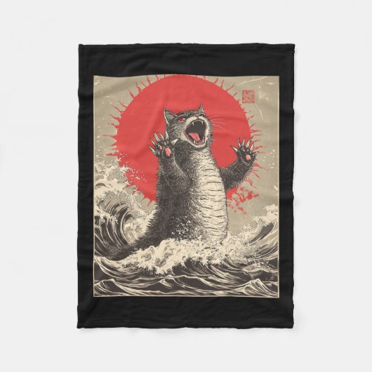 Schattigee Catzilla Cat Japanese Art Funny Cat Fleece Deken (Voorkant)