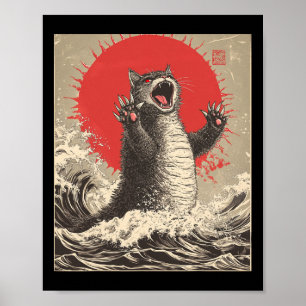 Schattigee Catzilla Cat Japanese Art Funny Cat Poster