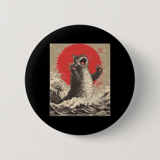 Schattigee Catzilla Cat Japanese Art Funny Cat Ronde Button 5,7 Cm (Voorkant)