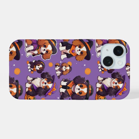 Schattigee Cavalier King Charles halloweenpatroon iPhone 15 Case (Achterkant horizontaal)