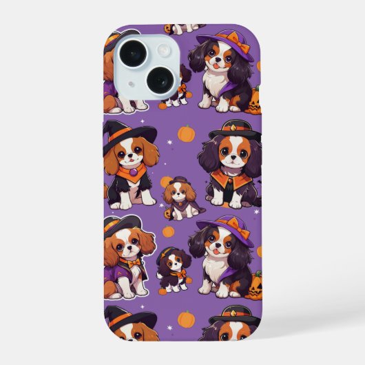 Schattigee Cavalier King Charles halloweenpatroon iPhone 15 Case (Achterkant)