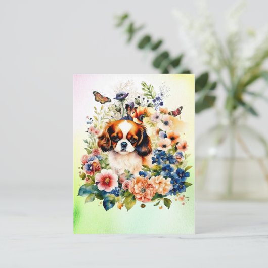 Schattigee Cavalier King Charles Puppy in Flowers Briefkaart (Staand voorkant)