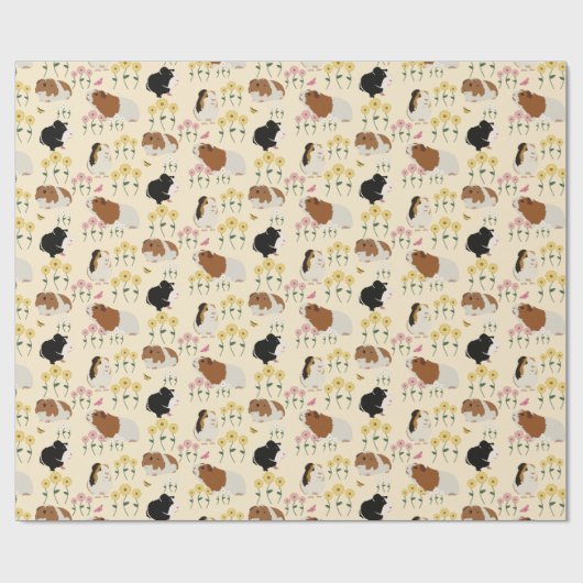 Schattigee cavia's in bloementuinpatroon - geel cadeaupapier (Vlak)