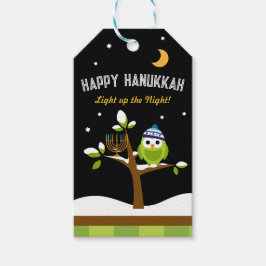 Schattigee Chanoeka Uil & Menorah Licht de nacht o Cadeaulabel