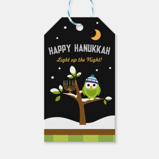 Schattigee Chanoeka Uil & Menorah Licht de nacht o Cadeaulabel (Voorkant)