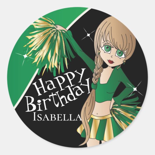 Schattigee Cheerleader Pom Pom Meisjes | Groen Ronde Sticker (Voorkant)