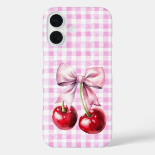 Schattigee Cherry Coquette Bow Pink Gingham iPhone 16 Hoesje