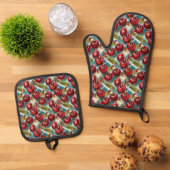 Schattigee Cherry en Blue Checkered Plaid Pattern Ovenwant & Pannenlap Set (Top down)