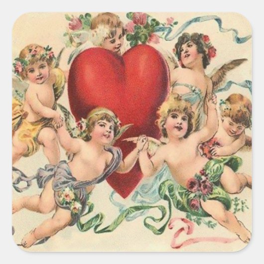 Schattigee cherubs met een rode hart Valentijn Vierkante Sticker (Voorkant)