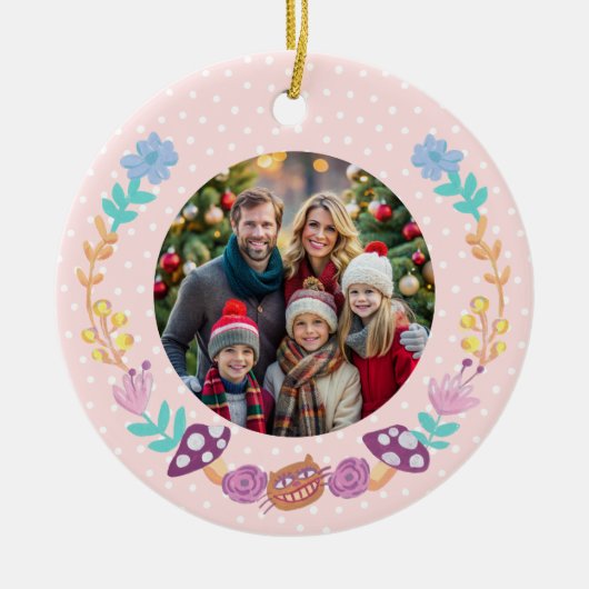 Schattigee Cheshire Kat Bloemenkrans Roze Kerst Keramisch Ornament (Voorkant)