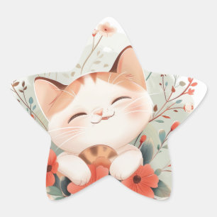 Schattigee Chibi Cat In Flowers Cat Lovers Cadeau Ster Sticker