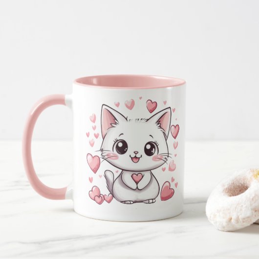 Schattigee Chibi Cat met roze harten Schattig Kawa Mok (Met donut)