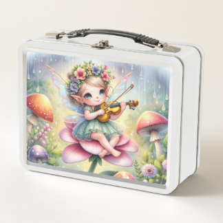 Schattigee Chibi-fee met viool op roze bloem