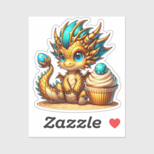 Schattigee Chibi Gold en Blue Dragon met Cupcake Sticker