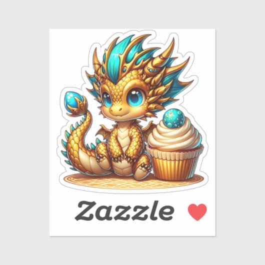 Schattigee Chibi Gold en Blue Dragon met Cupcake Sticker (Vel)