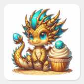 Schattigee Chibi Gold en Blue Dragon met Cupcake Vierkante Sticker (Voorkant)
