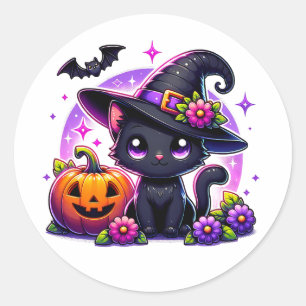 Schattigee Chibi Halloween zwarte kat en pompoen Ronde Sticker