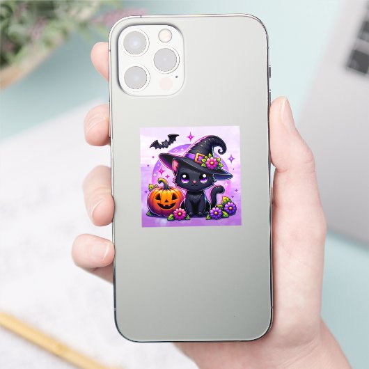 Schattigee Chibi Halloween zwarte kat en pompoen Sticker (Telefoon)