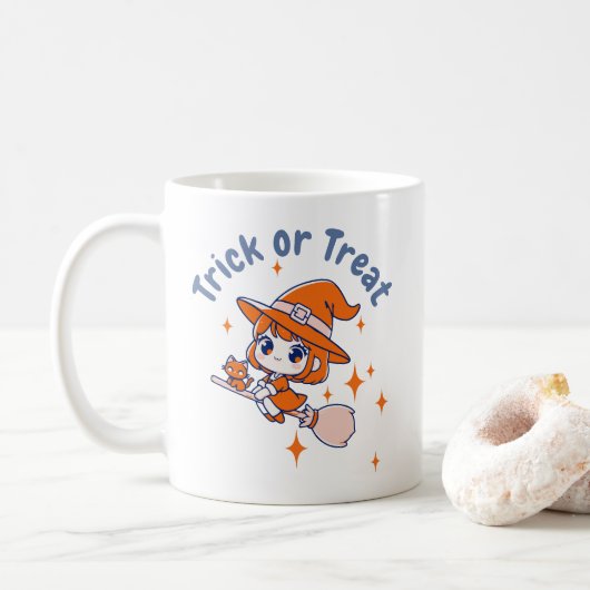 Schattigee Chibi heks "Trick or treat" Halloween Koffiemok (Met donut)