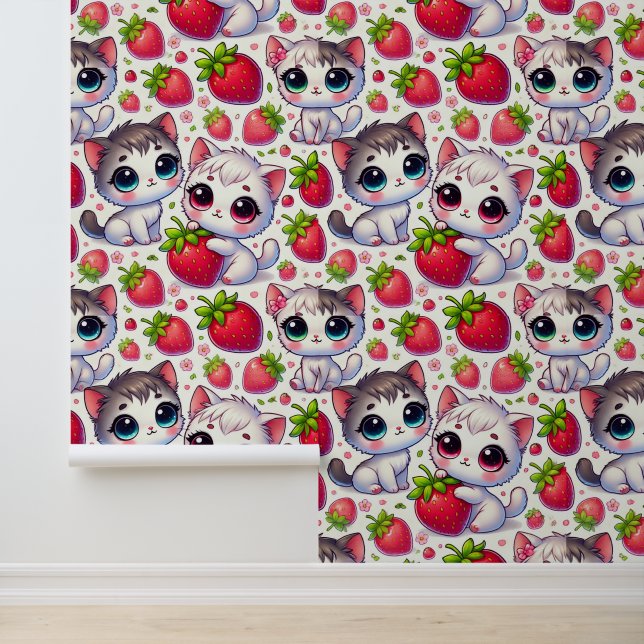 Schattigee Chibi Katten en Aardbeien Behang (Applicatie)