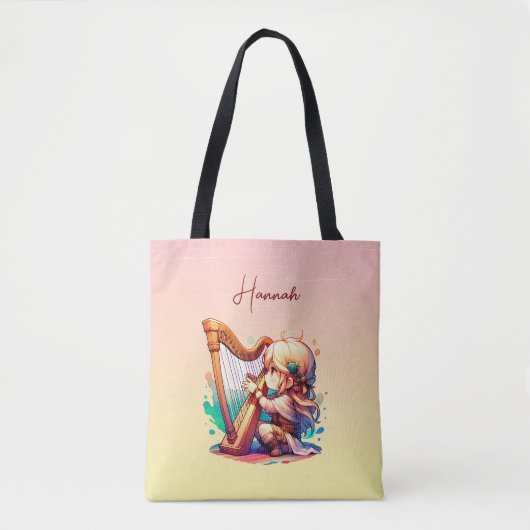 Schattigee Chibi meisje spelen harp gepersonalisee Tote Bag (Voorkant)