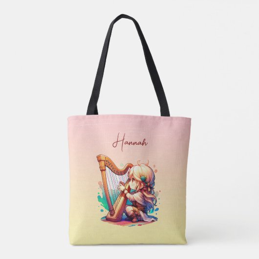 Schattigee Chibi meisje spelen harp gepersonalisee Tote Bag (Achterkant)