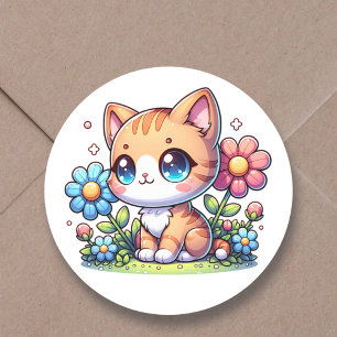 Schattigee Chibi Oranje Kitty Cat in roze bloemen Ronde Sticker