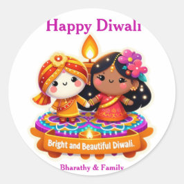 Schattigee Chibi-stijl personages in Diwali-kledin Ronde Sticker