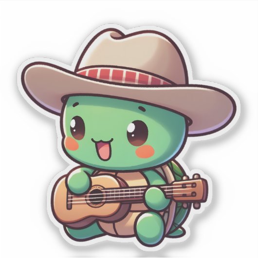 Schattigee Chibi Turtle speelt gitaar Sticker (Voorkant)