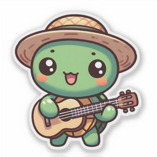 Schattigee Chibi Turtle speelt gitaar Sticker (Voorkant)