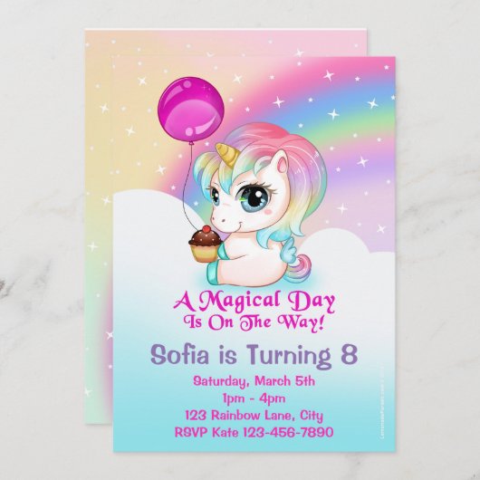 Schattigee Chibi Unicorn verjaardagsfeestuitnodigi Kaart (Voorkant / Achterkant)