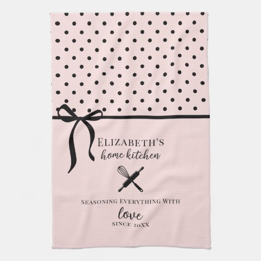 Schattigee Chic Girly Blush Roze en Zwarte Polka D Theedoek (Verticaal)